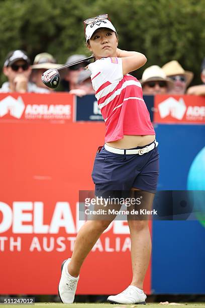 Lydia Ko of New Zealand tees off during day two of the ISPS Handa Women's Australian Open at The Grange GC on February 19, 2016 in Adelaide,...