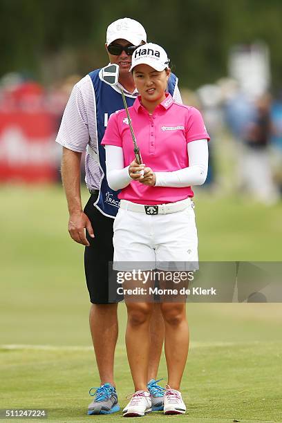 Minjee Lee of Australia prepares to putt during day two of the ISPS Handa Women's Australian Open at The Grange GC on February 19, 2016 in Adelaide,...