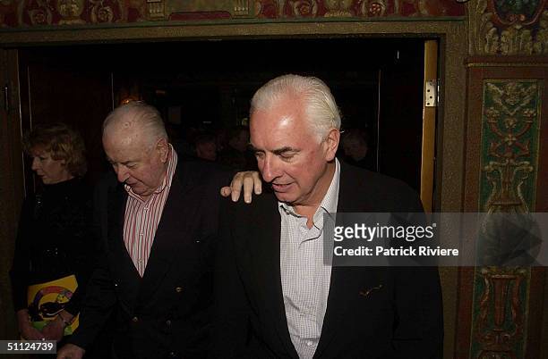 Former Prime Minister Gough Whitlam with son Nicholas at the opening night of the rock musical 'Hair' at the Capitol Theatre in Sydney. .