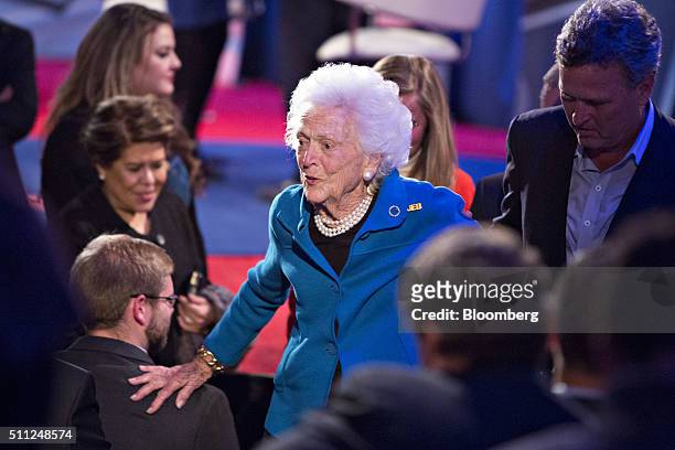 Barbara Bush, former first lady and mother of Jeb Bush, former Governor of Florida and 2016 Republican presidential candidate, center, leaves after...
