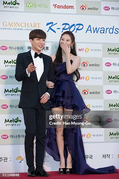 Leeteuk of South Korean boy band Super Junior and Yura of South Korean girl group Girls Day attend the 5th Gaon Chart K-Pop Awards on February 17,...