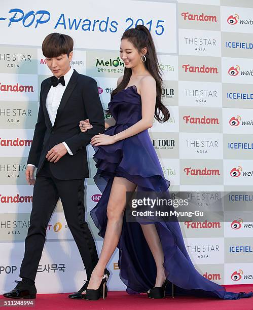 Leeteuk of South Korean boy band Super Junior and Yura of South Korean girl group Girls Day attend the 5th Gaon Chart K-Pop Awards on February 17,...