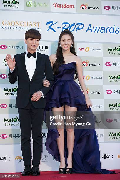 Leeteuk of South Korean boy band Super Junior and Yura of South Korean girl group Girls Day attend the 5th Gaon Chart K-Pop Awards on February 17,...