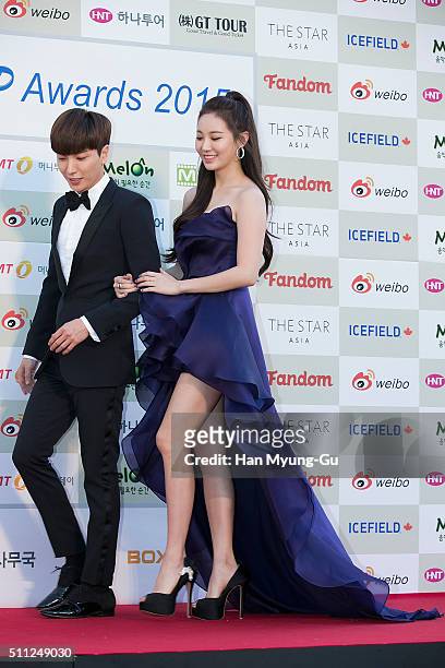 Leeteuk of South Korean boy band Super Junior and Yura of South Korean girl group Girls Day attend the 5th Gaon Chart K-Pop Awards on February 17,...