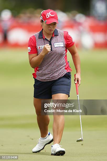 Ha Na Jang of South Korea competes during day two of the ISPS Handa Women's Australian Open at The Grange GC on February 19, 2016 in Adelaide,...