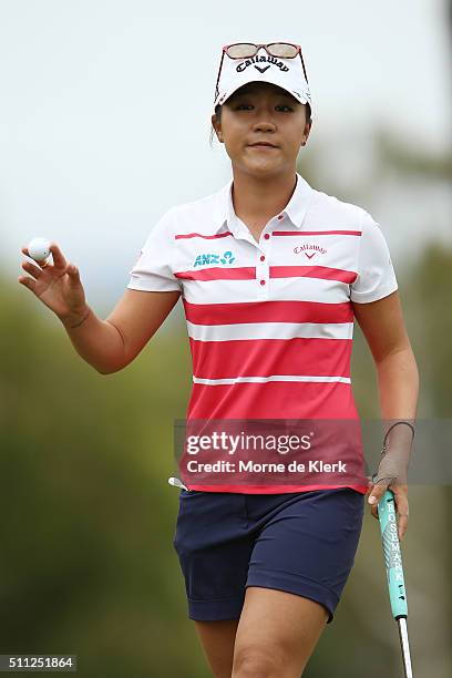 Lydia Ko of New Zealand waves to the crowd during day two of the ISPS Handa Women's Australian Open at The Grange GC on February 19, 2016 in...