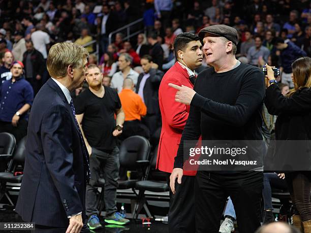 Michael Rapaport speaks with Marv Albert at a basketball game between the San Antonio Spurs and the Los Angeles Clippers at Staples Center on...