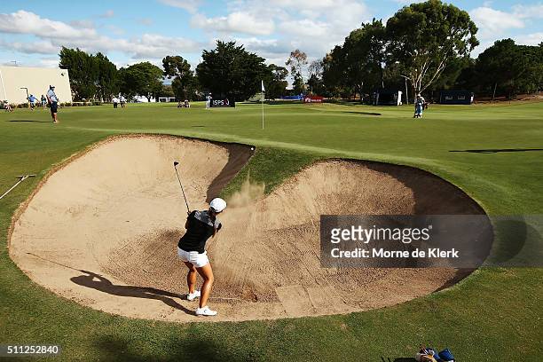 General view shows Stephanie Na of Australia hitting from the bunker during day two of the ISPS Handa Women's Australian Open at The Grange GC on...