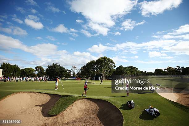 General view of the 18th green as Minjee Lee of Australia, Lydia Ko of New Zealand and Ha Na Jang South Korea finish their round during day two of...