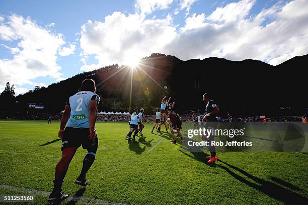 Tatafu Polota-Nau of the Waratahs throws in the ball during the Super Rugby trial match between the Highlanders and the Waratahs at the Queenstown...