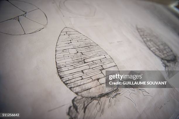 This picture taken on February 12, 2016 shows a sketch of an art installation in progess by British artist Andy Goldsworthy entitled "egg-shaped...