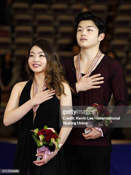 Ice Dance Champions Maia Shibutani and Alex Shibutani of United States stand on the podium after the Ice Dance Free Dance performance on day two of...
