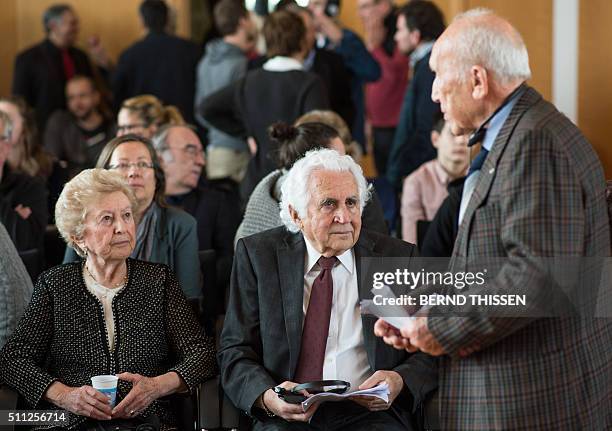 Holocaust survivors and witnesses William Glied , Irene Weiss and Mordechai Eldar wait for the continuation of the trial against former Auschwitz...