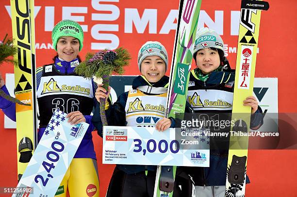 Sara Takanashi of Japan takes 1st place, Maja Vtic of Slovenia takes 2nd place, Yuki Ito of Japan takes 3rd place during the FIS Nordic World Cup...