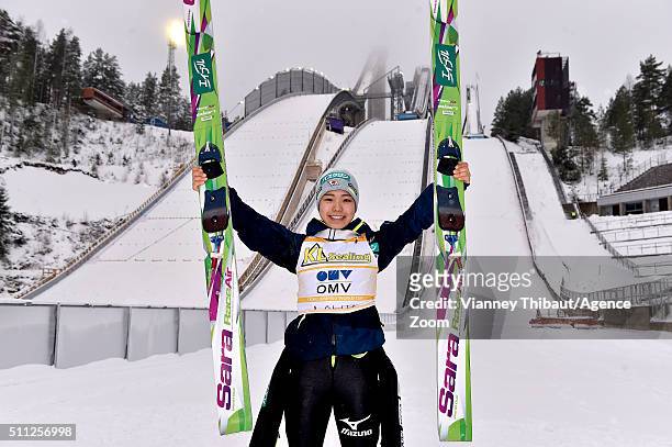 Sara Takanashi of Japan takes 1st place during the FIS Nordic World Cup Women's Ski Jumping HS100 on February 19, 2016 in Lahti, Finland.
