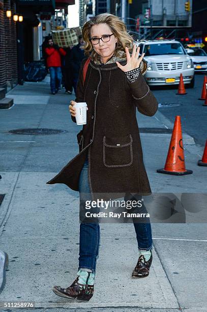 Actress Tea Leoni enters "The Late Show With Stephen Colbert" taping at the Ed Sullivan Theater on February 18, 2016 in New York City.