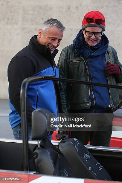 Chris Evans and Matt LeBlanc seen filming Top Gear outside BBC Broadcasting House on February 19, 2016 in London, England.