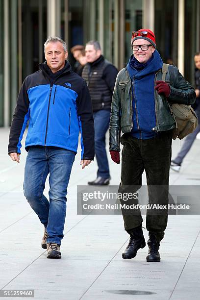 Matt Le Blanc and Chris Evans seen filming scenes for Top Gear at the BBC, Portland Place on February 19, 2016 in London, England.