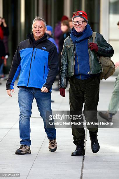 Matt Le Blanc and Chris Evans seen filming scenes for Top Gear at the BBC, Portland Place on February 19, 2016 in London, England.
