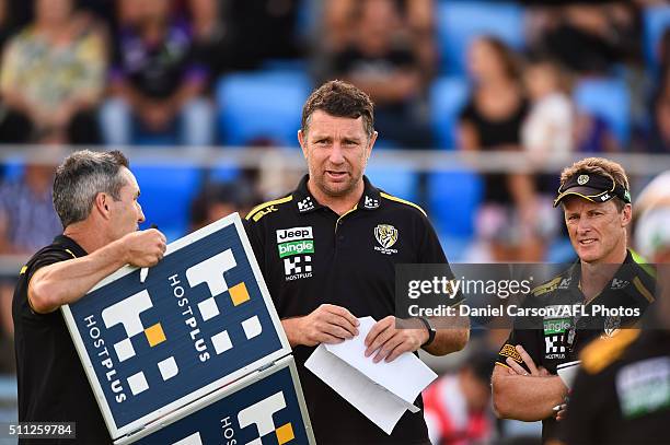 Brendon Lade looks on with Damien Hardwick at three quarter time during the 2016 NAB Challenge match between the Fremantle Dockers and the Richmond...