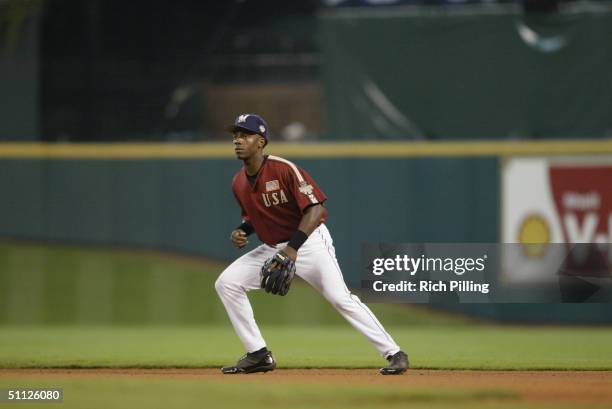 Second baseman Rickie Weeks of the United States Team focuses on home plate as he prepares for a play during the New York Mercantile Exchange...