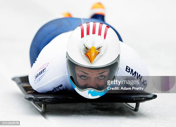 Katie Uhlaender of the USA completes her first run of the Women's Skeleton during Day 5 of the IBSF World Championships 2016 at Olympiabobbahn Igls...