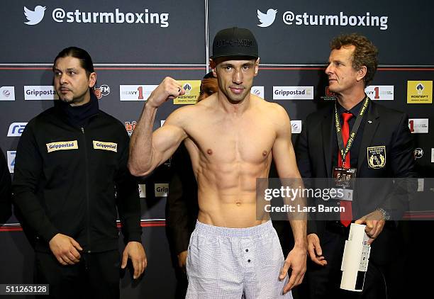 Felix Sturm poses during the weigh in for his WBA Super Middle Weight World Championship fight against Fedor Chudinov of Russia at NH hotel on...