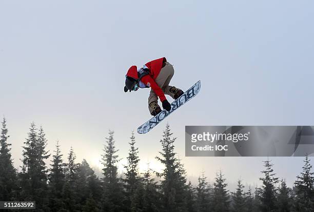 In this handout image supplied by the IOC ,Gold Medal winner Chloe Kim of United States competes in the Snowboard Ladies' Slopestyle Finals at...