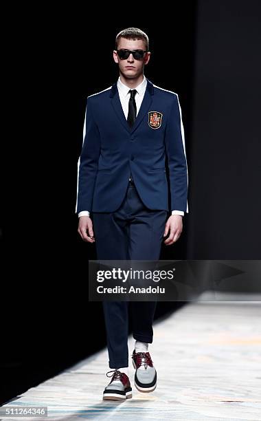 Model wears a creation of Davidelfin's fall-winter 2016/2017 fashion collection presented at the Madrid Fashion Week 2016 on February 10, 2016 in...