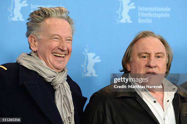 Director Benoit Delepine and actor Gerard Depardieu attend the 'Saint Amour' photo call during the 66th Berlinale International Film Festival Berlin...