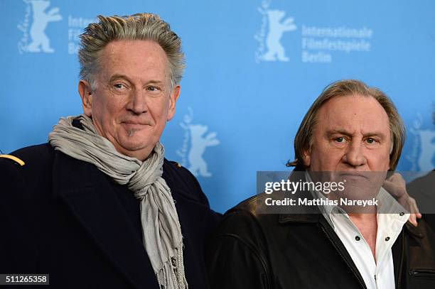 Director Benoit Delepine and actor Gerard Depardieu attend the 'Saint Amour' photo call during the 66th Berlinale International Film Festival Berlin...