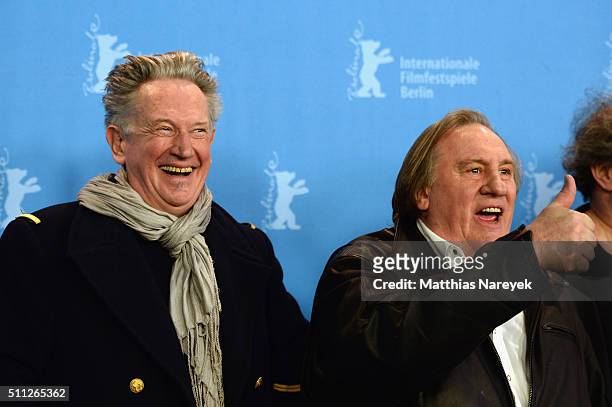 Director Benoit Delepine and actor Gerard Depardieu attend the 'Saint Amour' photo call during the 66th Berlinale International Film Festival Berlin...