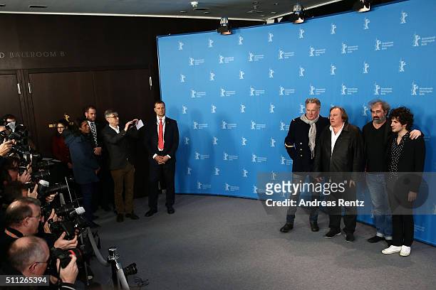 Director Benoit Delepine, actor Gerard Depardieu, director Gustave Kervern and actor Vincent Lacoste attend the 'Saint Amour' photo call during the...