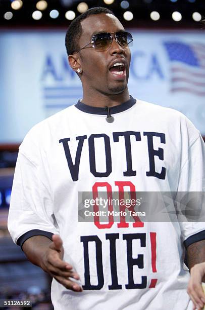 Hip-Hop star Sean "P-Diddy" Combs wears a "Vote or Die" T-Shirt during a television interview on the floor of the Democratic National Convention at...
