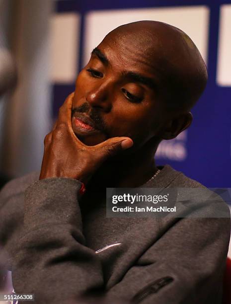 Mo Farah attends a press conference in the Crown Plazza Hotel, prior to the Glasgow Indoor Grand Prix on February 19, 2016 in Glasgow, Scotland.