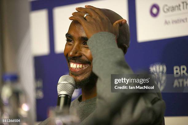 Mo Farah attends a press conference in the Crown Plazza Hotel, prior to the Glasgow Indoor Grand Prix on February 19, 2016 in Glasgow, Scotland.