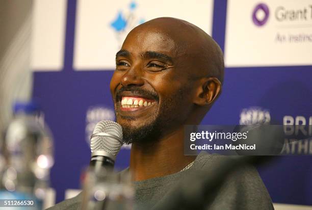 Mo Farah attends a press conference in the Crown Plazza Hotel, prior to the Glasgow Indoor Grand Prix on February 19, 2016 in Glasgow, Scotland.