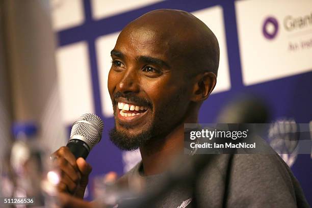 Mo Farah attends a press conference in the Crown Plazza Hotel, prior to the Glasgow Indoor Grand Prix on February 19, 2016 in Glasgow, Scotland.