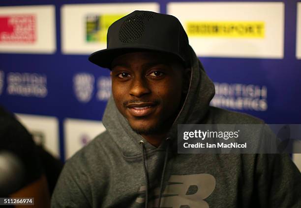 Trayvon Bromell attends a press conference in the Crown Plazza Hotel, prior to the Glasgow Indoor Grand Prix on February 19, 2016 in Glasgow,...