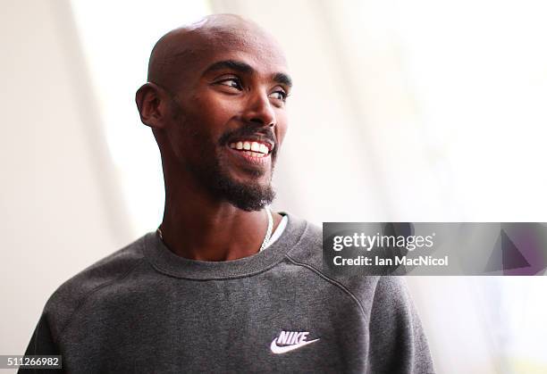 Mo Farah attends a press conference in the Crown Plazza Hotel, prior to the Glasgow Indoor Grand Prix on February 19, 2016 in Glasgow, Scotland.