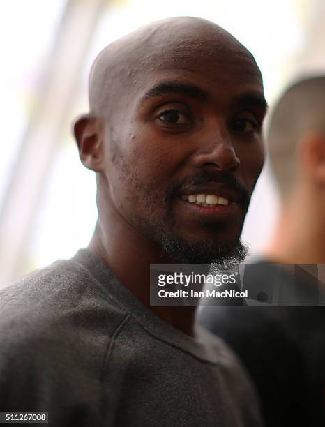 Mo Farah attends a press conference in the Crown Plazza Hotel, prior to the Glasgow Indoor Grand Prix on February 19, 2016 in Glasgow, Scotland.