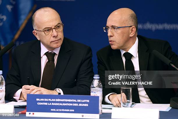 French Interior minister Bernard Cazeneuve and right-wing Les Republicains party lawmaker, and President of the Departmental Council of the...