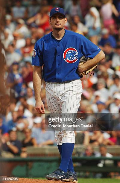 Matt Clement of the Chicago Cubs looks on during a game against the Milwaukee Brewers on July 16, 2004 at Wrigley Field in Chicago, Illinois. The...