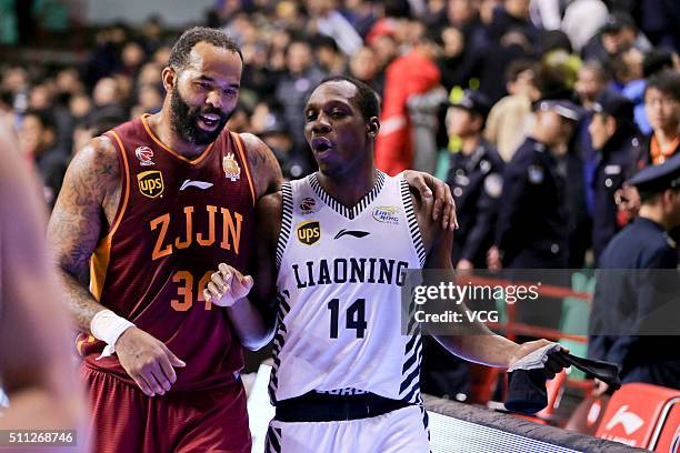 Lester Hudson of Liaoning Flying Leopards speaks with Charles Gaines of Zhejiang Golden Bulls during the Chinese Basketball Association 15/16 season...