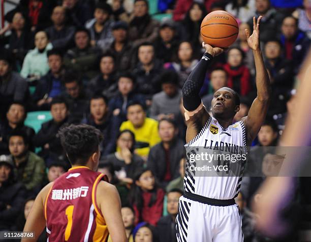 Lester Hudson of Liaoning Flying Leopards shoots the ball during the Chinese Basketball Association 15/16 season play-off quarter-final match between...