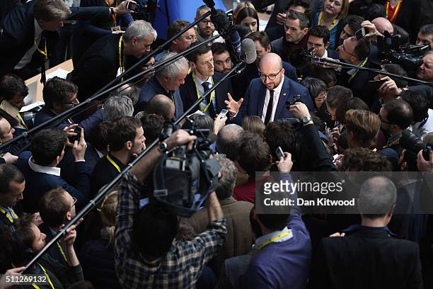 Belgian Prime Minister Charles Michel speaks to reporters during the second day of the EU Summit as British Prime Minister David Cameron continues...