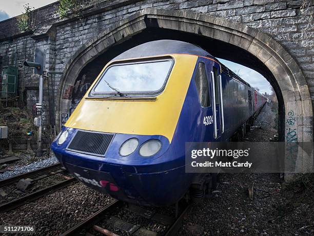 London Paddington bound train approaches Bath Spa station on the Great Western railway line on February 19, 2016 in Bath, England. The...