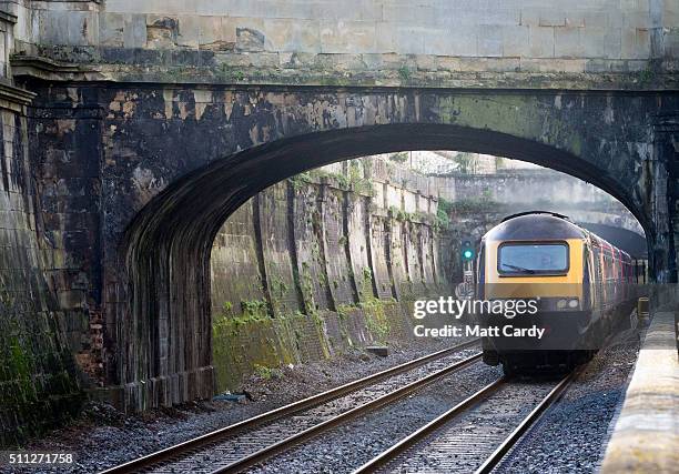 London Paddington bound train leaves Bath Spa station on the Great Western railway line on February 19, 2016 in Bath, England. The electrification of...