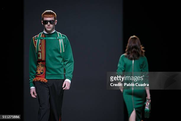 Model walks the runway at the David Delfin show during the Mercedes-Benz Madrid Fashion Week Autumn/Winter 2016/2017 at Ifema on February 19, 2016 in...