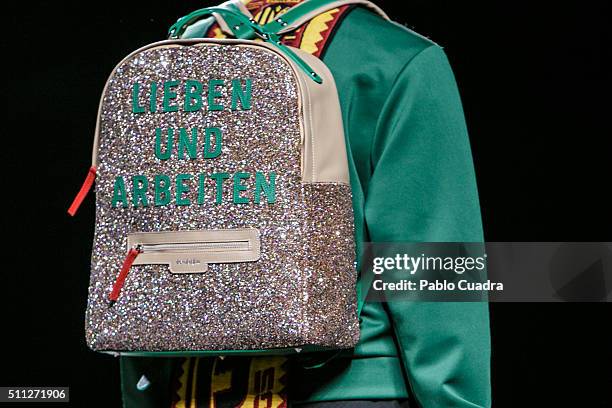 Model walks the runway at the David Delfin show during the Mercedes-Benz Madrid Fashion Week Autumn/Winter 2016/2017 at Ifema on February 19, 2016 in...